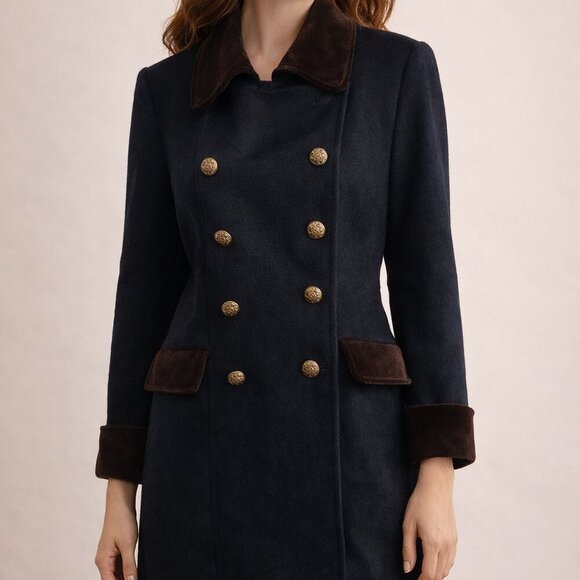 vintage Jackets & Blazers - Vintage Black Wool Blend Double Breasted Jacket Gold Buttons Brown Velvet Trim M